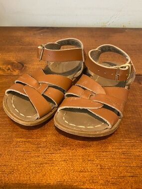Brown Leather Strappy Toddler saltwater Sandals with Ankle Buckle